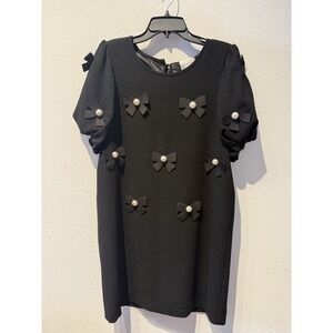 EDWARD ACHOUR PARIS‎ Black Short Sleeve Dress Pearls & Bows Coquette Romantic